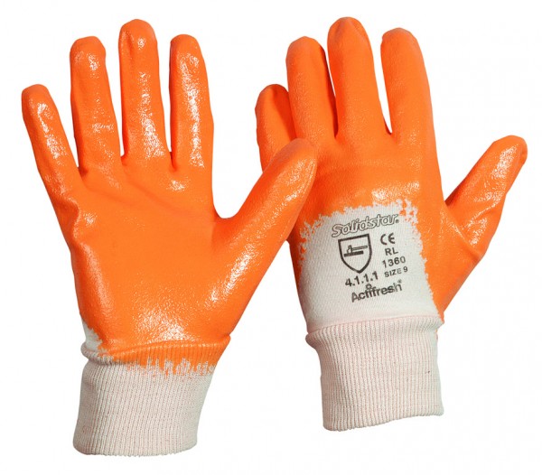 Solidstar RL 1360 Nitril TOP Handschuh, orange, Strickbund, Handrücken teilbeschichtet, CE CAT 2